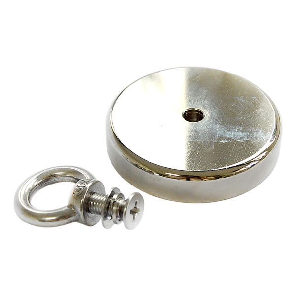 Round Neodymium Fishing Magnet with Countersunk Hole and Eyebolt, 500 LBS pull