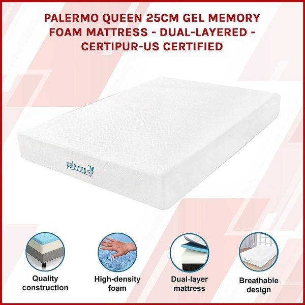 Auburn 25cm Gel Memory Foam Mattress – Dual-Layered – CertiPUR-US Certified – QUEEN