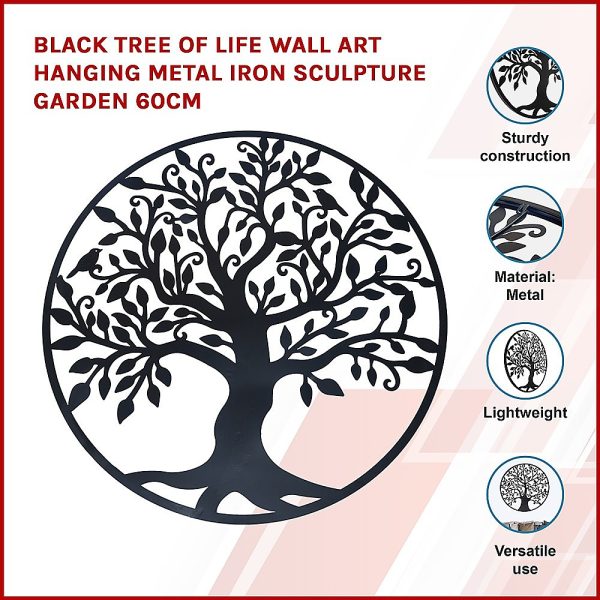 Black Tree of Life Wall Art Hanging Metal Iron Sculpture Garden – 60 cm