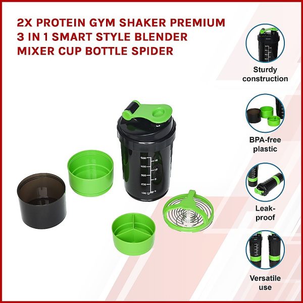 2x Protein Gym Shaker Premium 3 in 1 Smart Style Blender Mixer Cup Bottle Spider