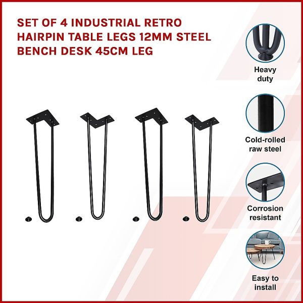 Set of 4 Industrial Retro Hairpin Table Legs 12mm Steel Bench Desk Leg – 45 cm