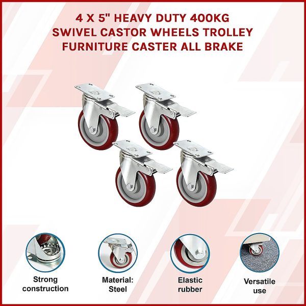 4 X 5″ Heavy Duty 400kg Swivel Castor Wheels Trolley Furniture Caster All Brake