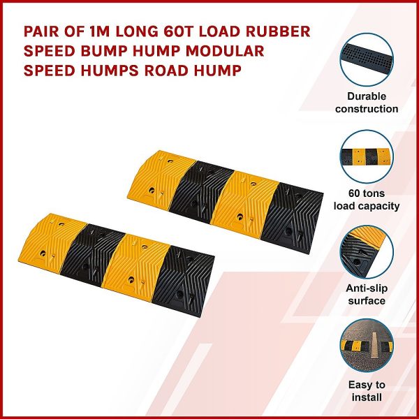 Pair of 1m Long 60T Load Rubber Speed Bump Hump Modular Speed Humps Road Hump