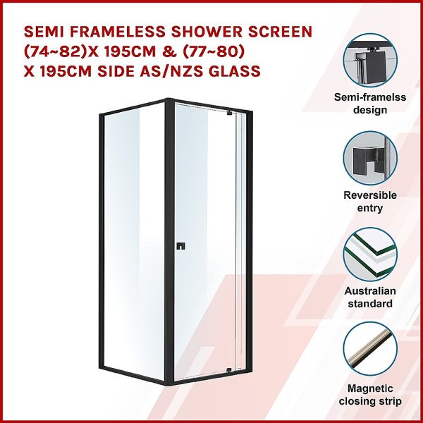 Semi Frameless Shower Screen AS/NZS Glass – (74~82) x 195 cm & (77~80) x 195 cm, Black