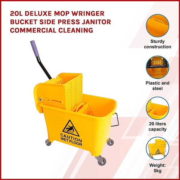 20L Deluxe Mop Wringer Bucket Side Press Janitor Commercial Cleaning