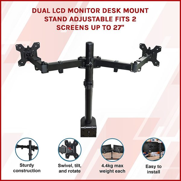 Dual LCD Monitor Desk Mount Stand Adjustable Fits 2 Screens Up To 27″