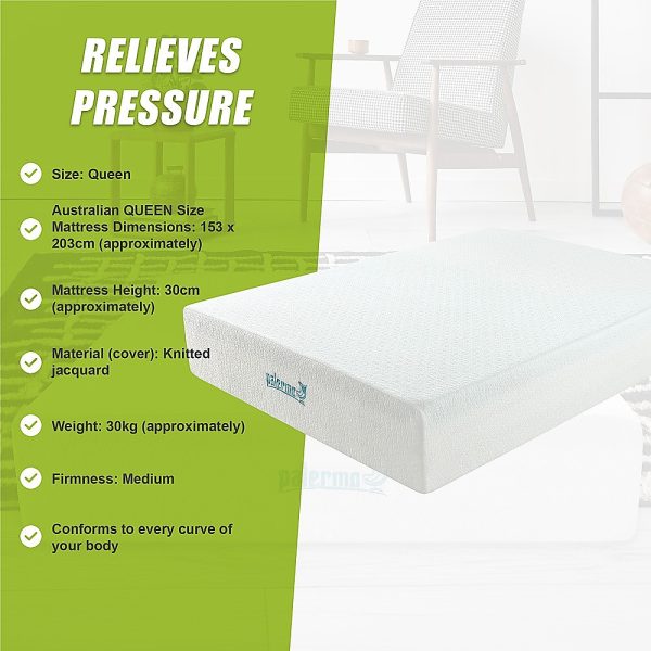 Atoka Mattress 30cm Memory Foam Green Tea Infused CertiPUR Approved – QUEEN