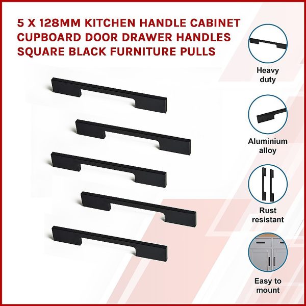 Kitchen Handle Cabinet Cupboard Door Drawer Handles square Black furniture pulls – 128 mm