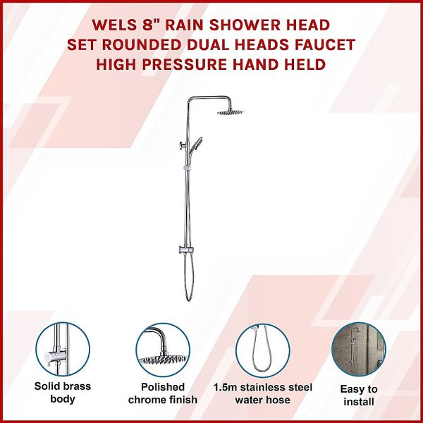 WELS 8″ Rain Shower Head Set Rounded Dual Heads Faucet High Pressure Hand Held