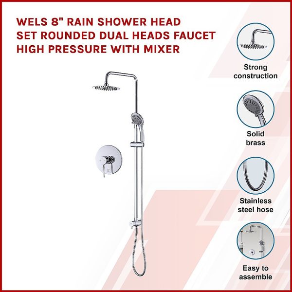 WELS 8″ Rain Shower Head Set Rounded Dual Heads Faucet High Pressure With Mixer