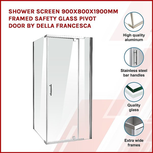 Shower Screen Framed Safety Glass Pivot Door By Della Francesca – 900 x 800 x 1900 mm, Chrome