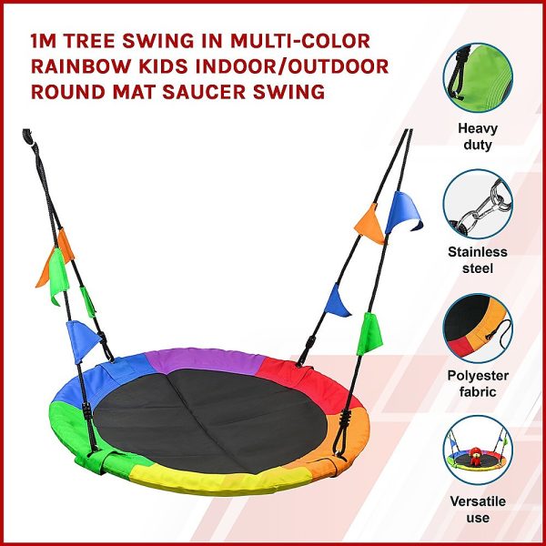 1m Tree Swing in Multi-Color Rainbow Kids Indoor/Outdoor Round Mat Saucer Swing