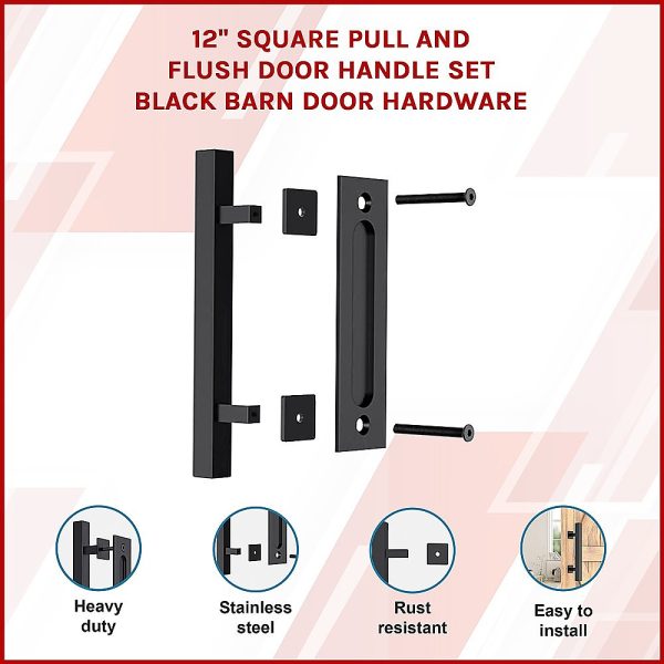 12″ Square Pull and Flush Door Handle Set Barn Door Hardware – Black