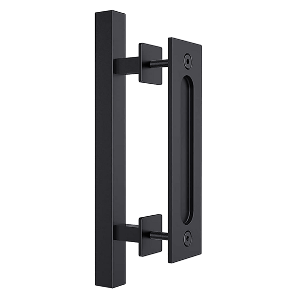 12″ Square Pull and Flush Door Handle Set Barn Door Hardware – Black