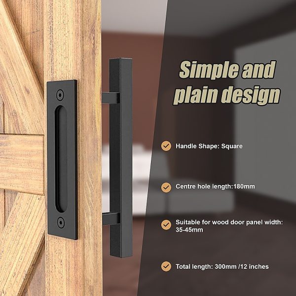 12″ Square Pull and Flush Door Handle Set Barn Door Hardware – Black