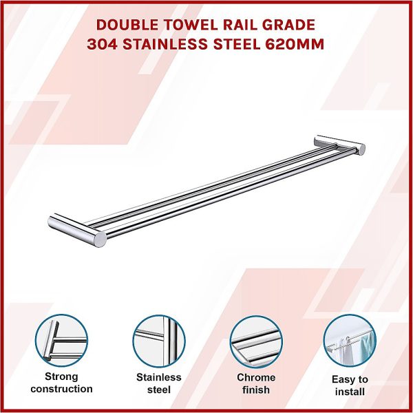 Double Towel Rail Grade 304 Stainless Steel 620mm