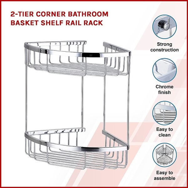 2-Tier Corner Bathroom Basket Shelf Rail Rack