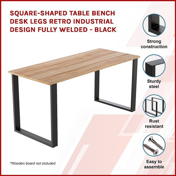 Square Shaped Table Bench Desk Legs Retro Industrial Design Fully Welded – 70 x 30 x 3 mm, Black