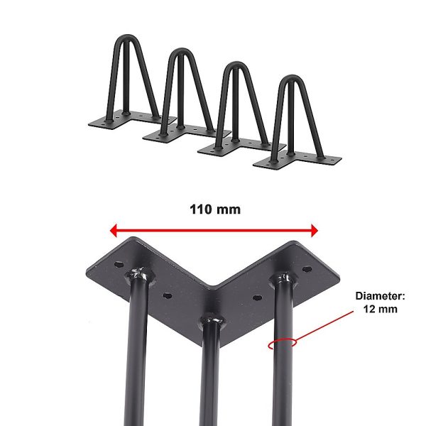 Set of 4 Industrial 3-Rod Retro Hairpin Table Legs 12mm Steel Bench Desk – 11 cm, Black