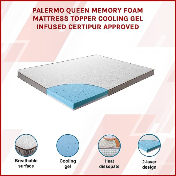 Palermo Memory Foam Mattress Topper Cooling Gel Infused CertiPUR Approved – QUEEN