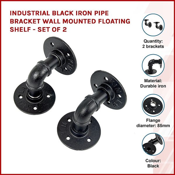 Industrial Black Iron Pipe Bracket Wall Mounted Floating Shelf – Set of 2