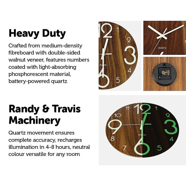 Glow In Dark Wall Clock Luminous Quartz Wooden Non Ticking Home Decor 12”/30cm