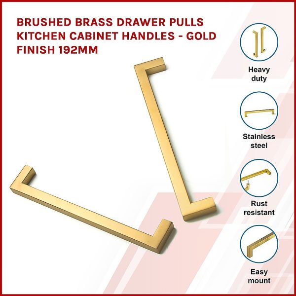 Brushed Brass Drawer Pulls Kitchen Cabinet Handles – Gold Finish – 192 mm