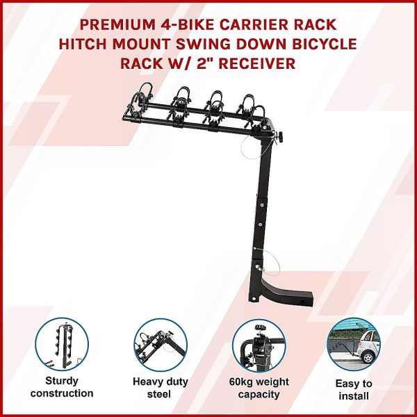 Premium 4-Bike Carrier Rack Hitch Mount Swing Down Bicycle Rack W/ 2″ Receiver