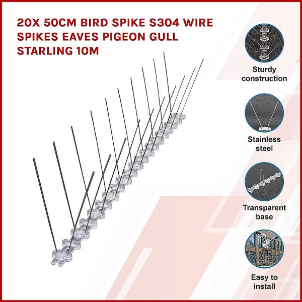 20x 50cm Bird Spike S304 wire Spikes Eaves Pigeon Gull Starling 10M