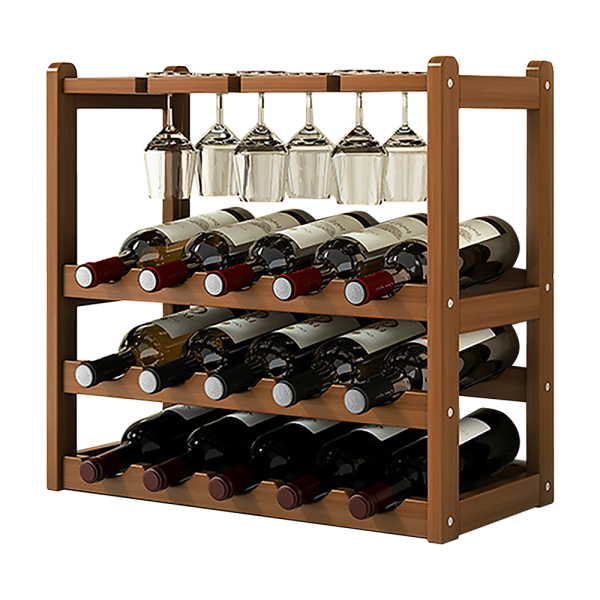 Wine Rack Free Standing 15 Bottles with 6 Glasses Holder Bamboo Wine Storage