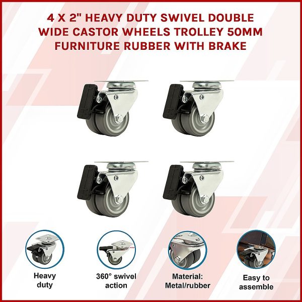 4 x 2″ Heavy Duty Swivel Double Wide Castor Wheels Trolley 50mm Furniture Rubber With Brake