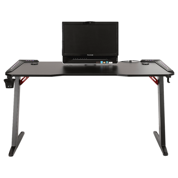 LED Gaming Desk Computer Table with Cup Holder Headphone Hook Cable Hole