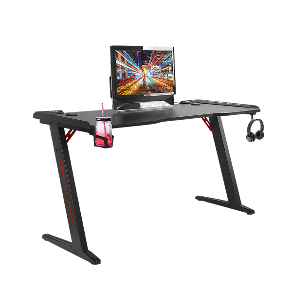 LED Gaming Desk Computer Table with Cup Holder Headphone Hook Cable Hole