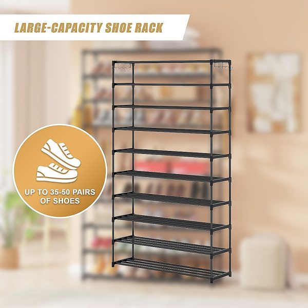 10 Tier Black Shoe Rack Metal Shoe Storage Organizer Rack 50-Pair Large Capacity