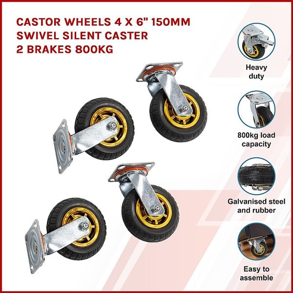 Castor Wheels 4 x 6″ 150mm Swivel Silent Caster 2 Brakes 800KG