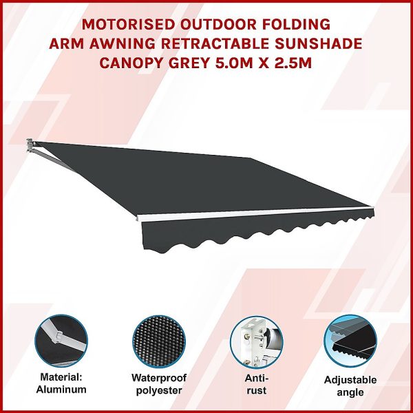 Motorised Outdoor Folding Arm Awning Retractable Sunshade Canopy Grey 5.0m x 2.5m