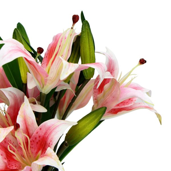 Premium Faux Lily In Glass Vase (Artificial Tiger Lily Arrangement) – Pink and White and Green