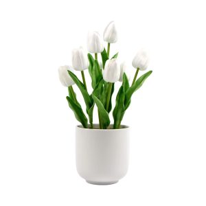 Flowering Artificial Tulip Plant Arrangement With Ceramic Bowl 35cm – White