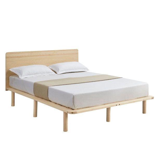 Natural Solid Wood Bed Frame Bed Base with Headboard Queen