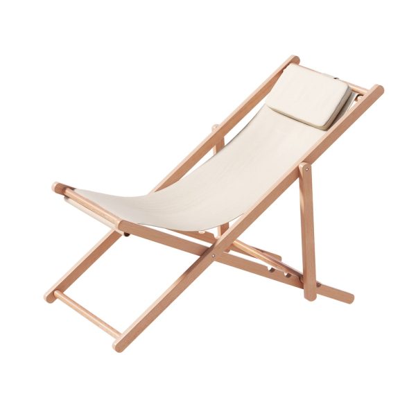 Outdoor Chairs Sun Lounge Deck Beach Chair Folding Wooden Patio Furniture – Beige