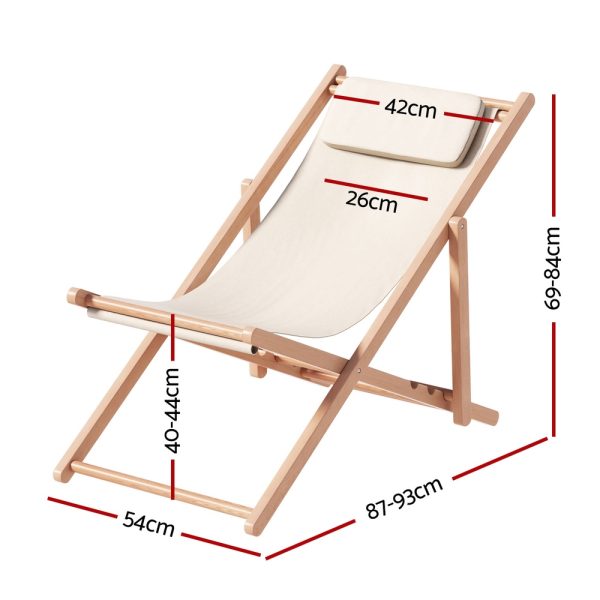 Outdoor Chairs Sun Lounge Deck Beach Chair Folding Wooden Patio Furniture – Beige