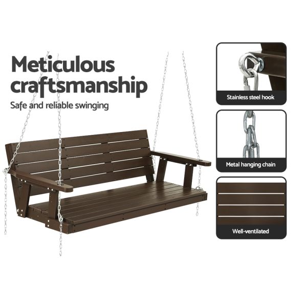 Porch Swing Chair with Chain Outdoor Furniture 3 Seater Bench Wooden – Brown