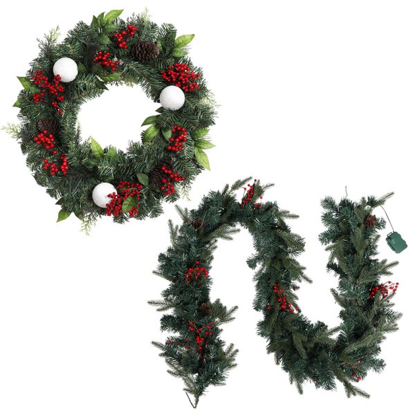 Christmas Garland with Wreath Set LED Lights Xmas Tree Decor