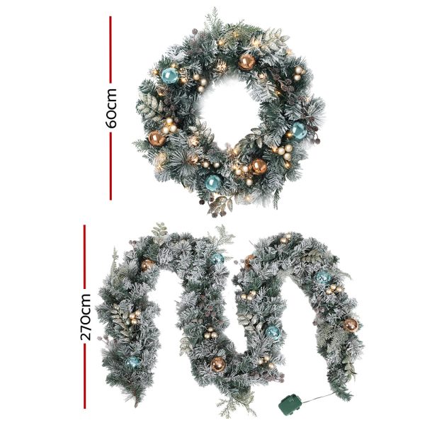 Christmas Garland with Wreath Set Snow Frosted Xmas Tree Decor