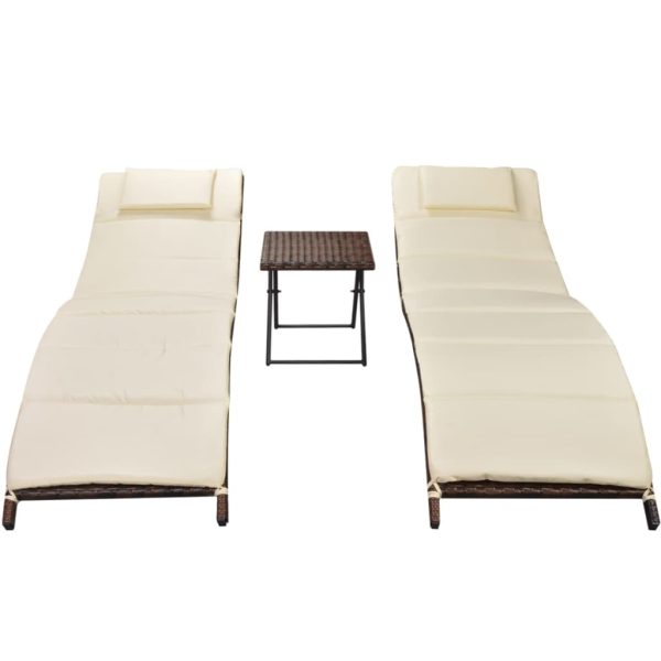 Folding Sun Loungers 2 pcs with Table Poly Rattan – Brown