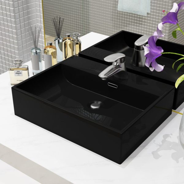 Basin with Faucet Hole Ceramic Black 51.5×38.5×15 cm