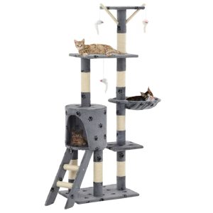 Cat Tree with Sisal Scratching Posts 138 cm – Grey With Paw Prints