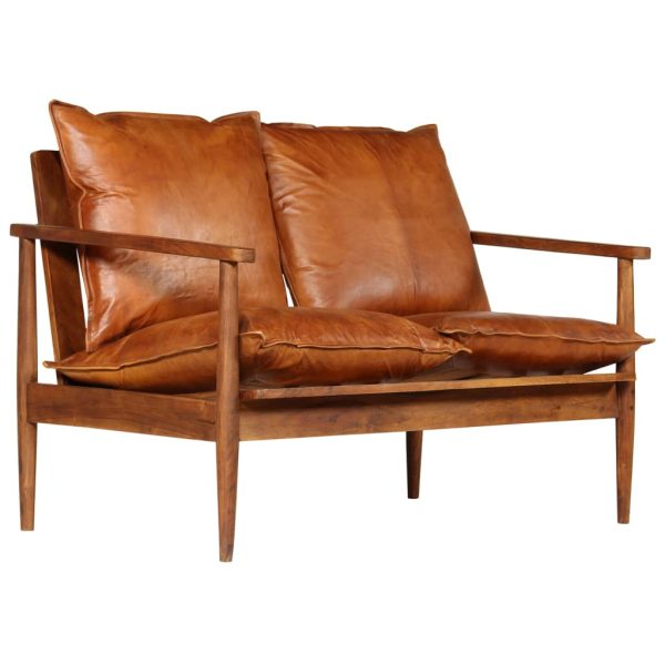 Brookfield 2-Seater Sofa Real Leather with Acacia Wood Brown