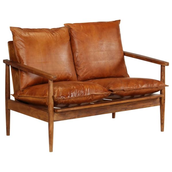 Brookfield 2-Seater Sofa Real Leather with Acacia Wood Brown