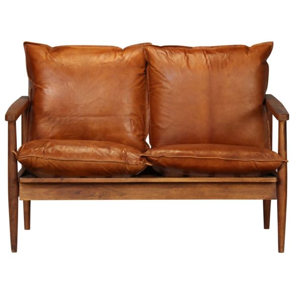 Brookfield 2-Seater Sofa Real Leather with Acacia Wood Brown